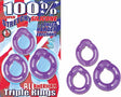 All American Triple Rings Purple Cock Ring Set displayed on packaging with three silicone rings for enhanced erections.