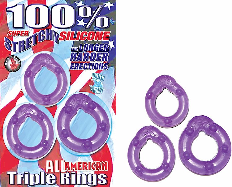 All American Triple Rings Purple Cock Ring Set displayed on packaging with three silicone rings for enhanced erections.