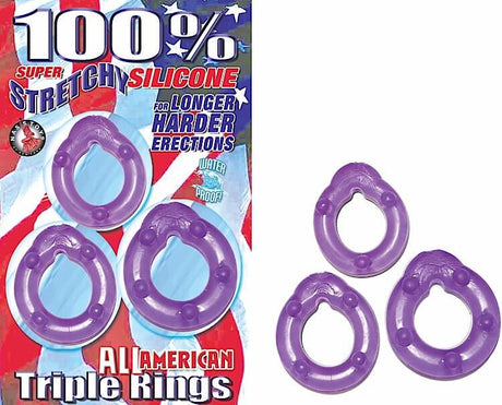 All American Triple Rings Purple Cock Ring Set displayed on packaging with three silicone rings for enhanced erections.
