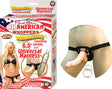 All American 6.5 inch Vibrating Dong Universal Harness Flesh with adjustable harness and dual jack controller.