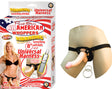 All American Whopper 8 Inch Vibrating Dong Harness Flesh packaging and harnessed product for versatile pleasure.