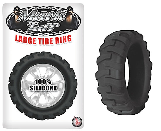Mack Tuff Large Tire Silicone Cock Ring Black packaging and product image, featuring a black tire design, 100% silicone material.