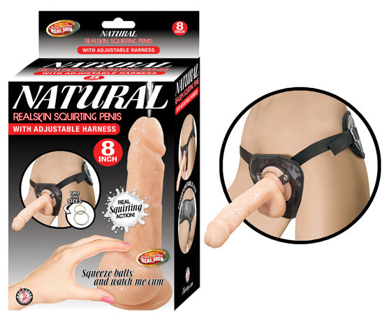 Natural Realskin Squirting Penis With Harness 8 inch Flesh packaging and product view for lifelike strap-on experience.