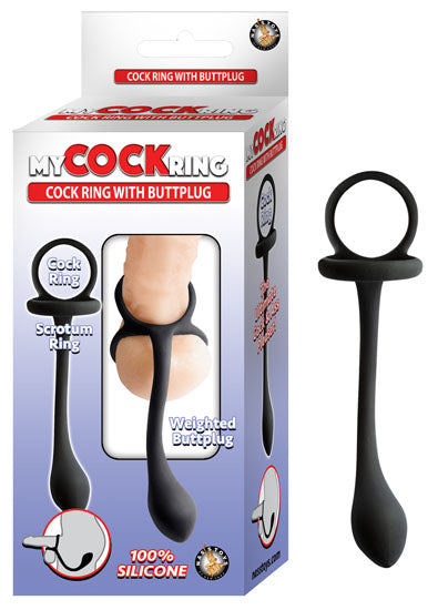My Cockring Silicone Cock Ring with Butt Plug Black packaging featuring cock ring and weighted butt plug.