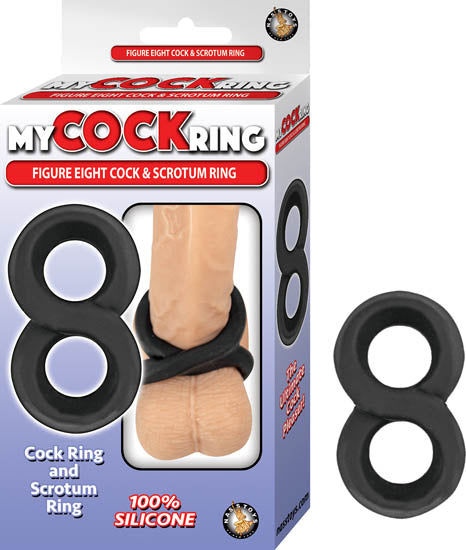 My Cockring Figure Eight Cock & Scrotum Ring Black showcased with packaging and product details.