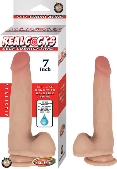 Realcocks Self Lubricating 7 Inch Bendable Dildo Vanilla with realistic design and self-lubricating feature.