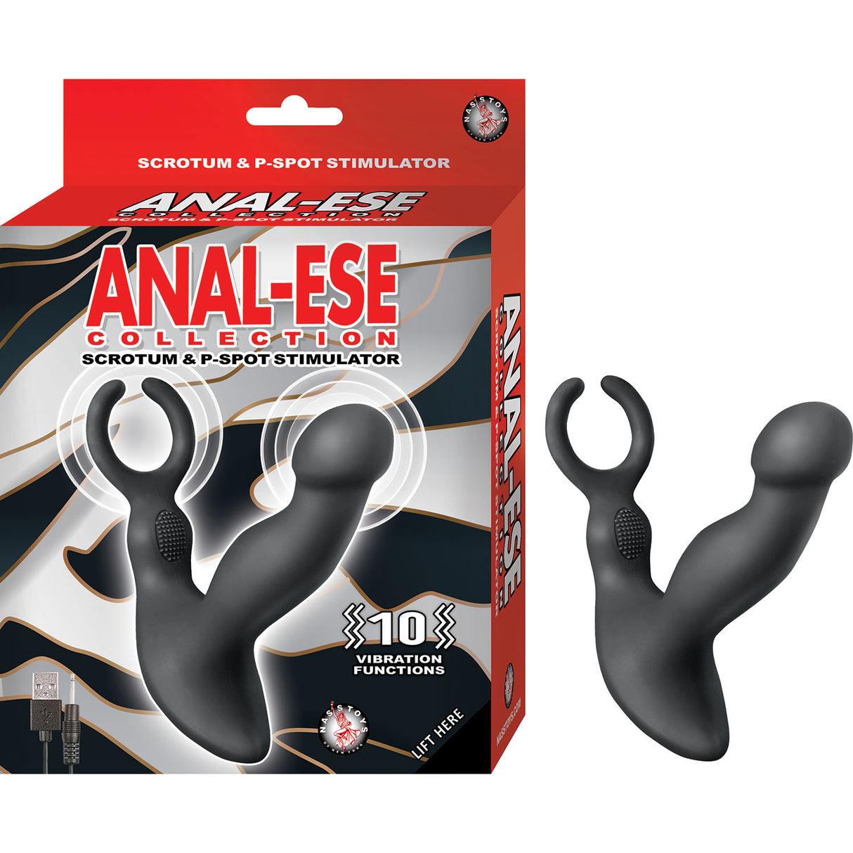 Anal-ese Collection Scrotum & P-spot Stimulator Black in packaging with 10 vibration functions showcased.
