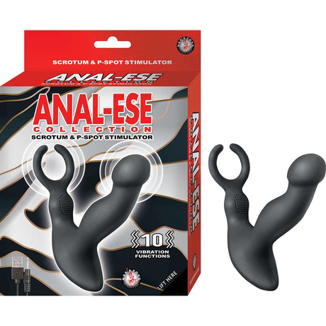 Anal-ese Collection Scrotum & P-spot Stimulator Black in packaging with 10 vibration functions showcased.