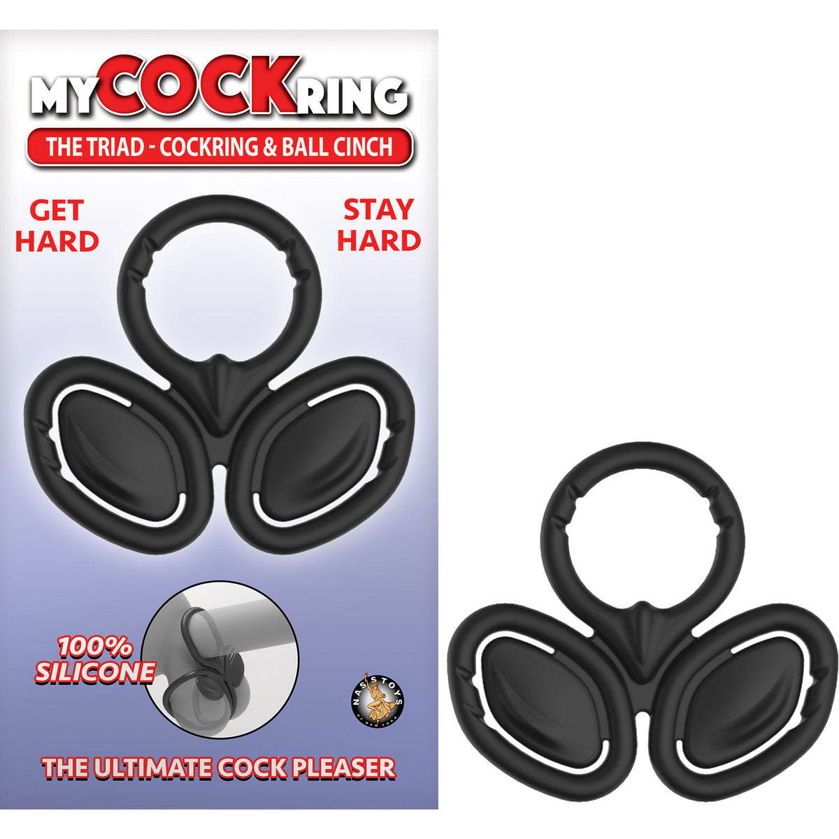 My Cockring The Triad Cock Ring and Ball Cinch Black displayed on packaging, designed for enhanced pleasure and support.
