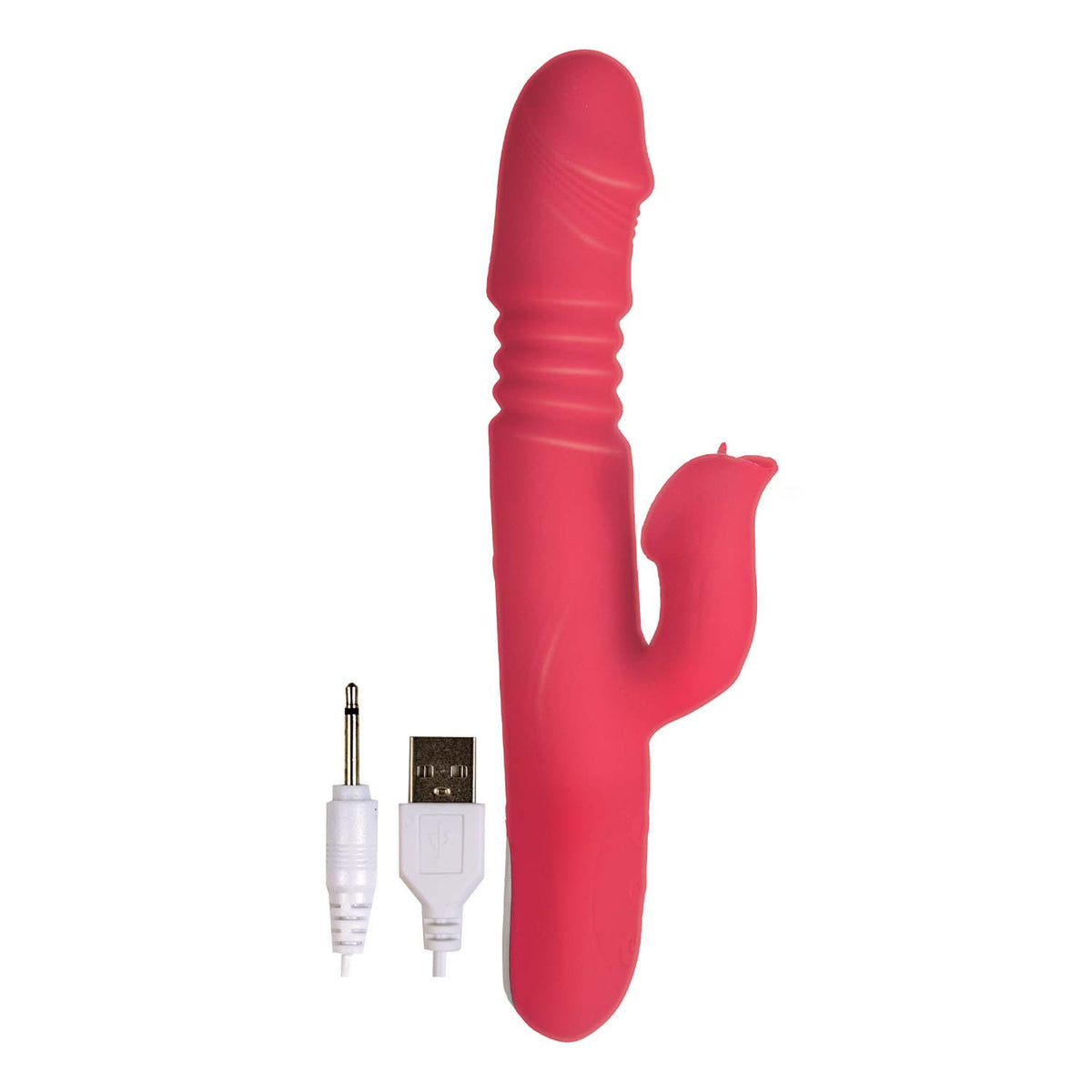 Princess Passion Heat Coral Warming Rabbit Vibrator with USB charger and cable, designed for dual stimulation and warmth.