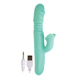 Princess Passion Heat Aqua Rabbit Vibrator next to a USB charging cable on a white background.