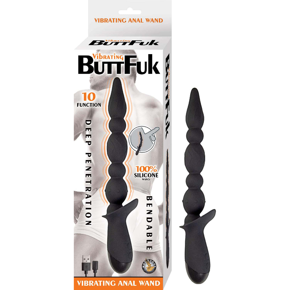 Nasstoys Vibrating Buttfuk Silicone Anal Wand Black in packaging with features highlighted.