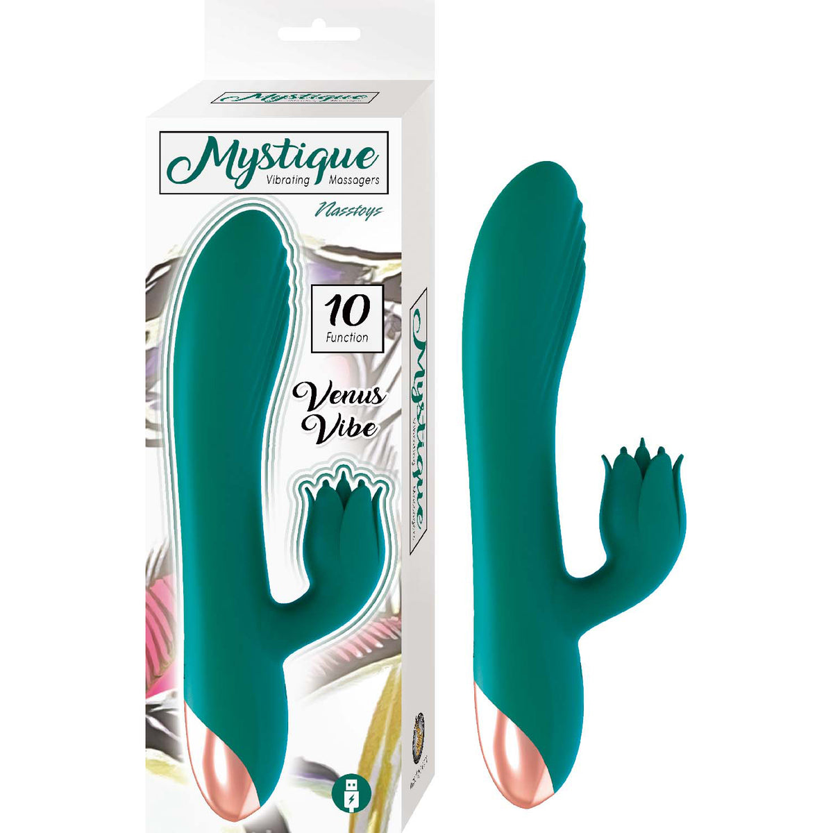 Mystique Venus Vibe Silicone Rabbit Vibrator Green with 10 functions and floral external attachment.