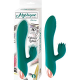 Mystique Venus Vibe Silicone Rabbit Vibrator Green with 10 functions and floral external attachment.