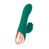 Mystique Venus Vibe Silicone Rabbit Vibrator Green displayed against a white background, showcasing its dual-stimulation design.