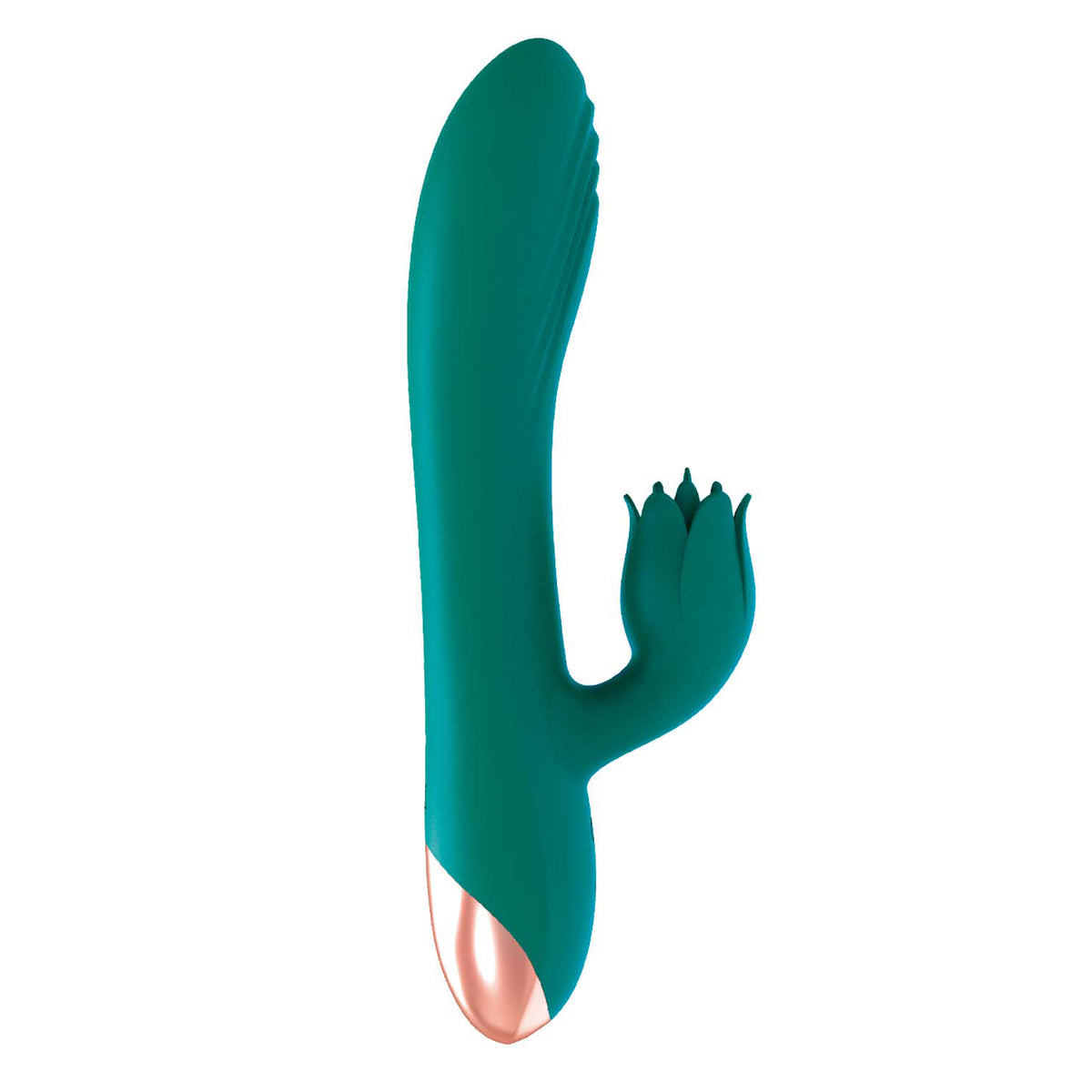Mystique Venus Vibe Silicone Rabbit Vibrator Green with textured head and flared petal for dual stimulation.