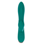 Mystique Venus Vibe Silicone Rabbit Vibrator Green showcasing its sleek design and textured head for dual stimulation.