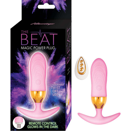 The Beat Magic Power Plug Remote Anal Vibrator Pink packaging with teaser and remote control.
