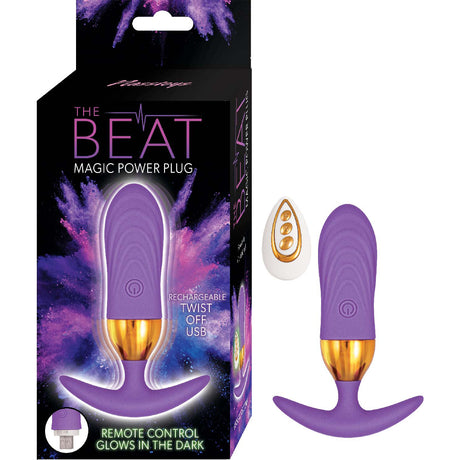 The Beat Magic Power Vibrating Anal Plug Purple with remote control packaging and device.