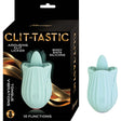 Clit-tastic Arousing Clit Licker Aqua packaging and product showing rose-shaped clitoral stimulator for sensual pleasure.