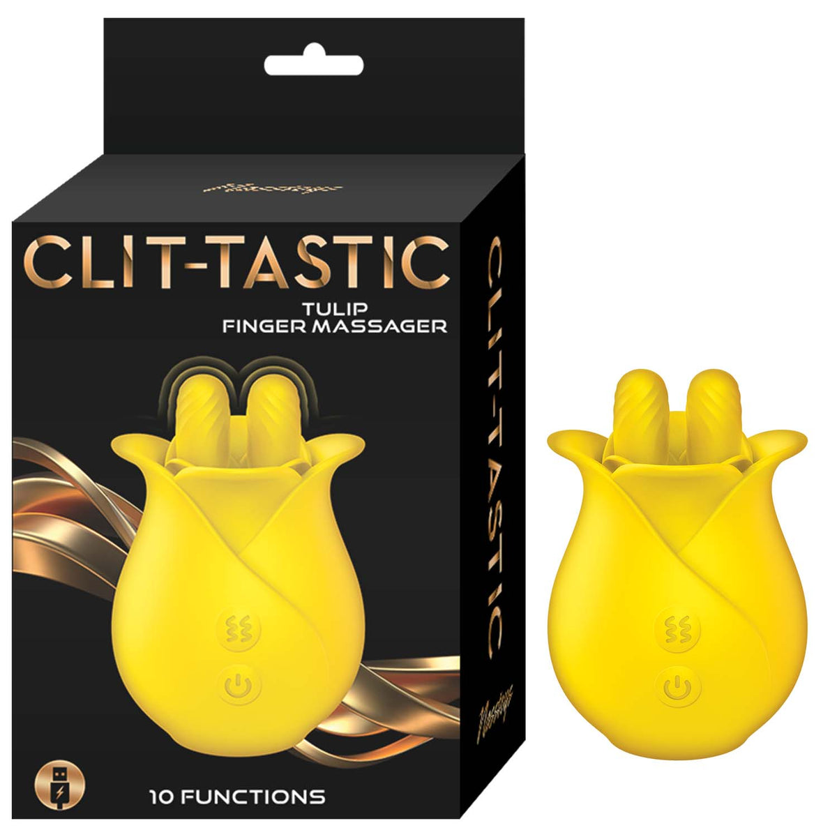 Clit-tastic Tulip Finger Massager Yellow in packaging, designed for targeted stimulation and intimate pleasure.