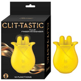 Clit-tastic Tulip Finger Massager Yellow in packaging, designed for targeted stimulation and intimate pleasure.