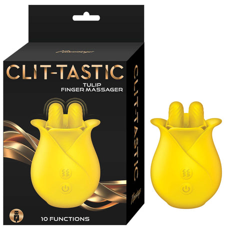 Clit-tastic Tulip Finger Massager Yellow in packaging, designed for targeted stimulation and intimate pleasure.