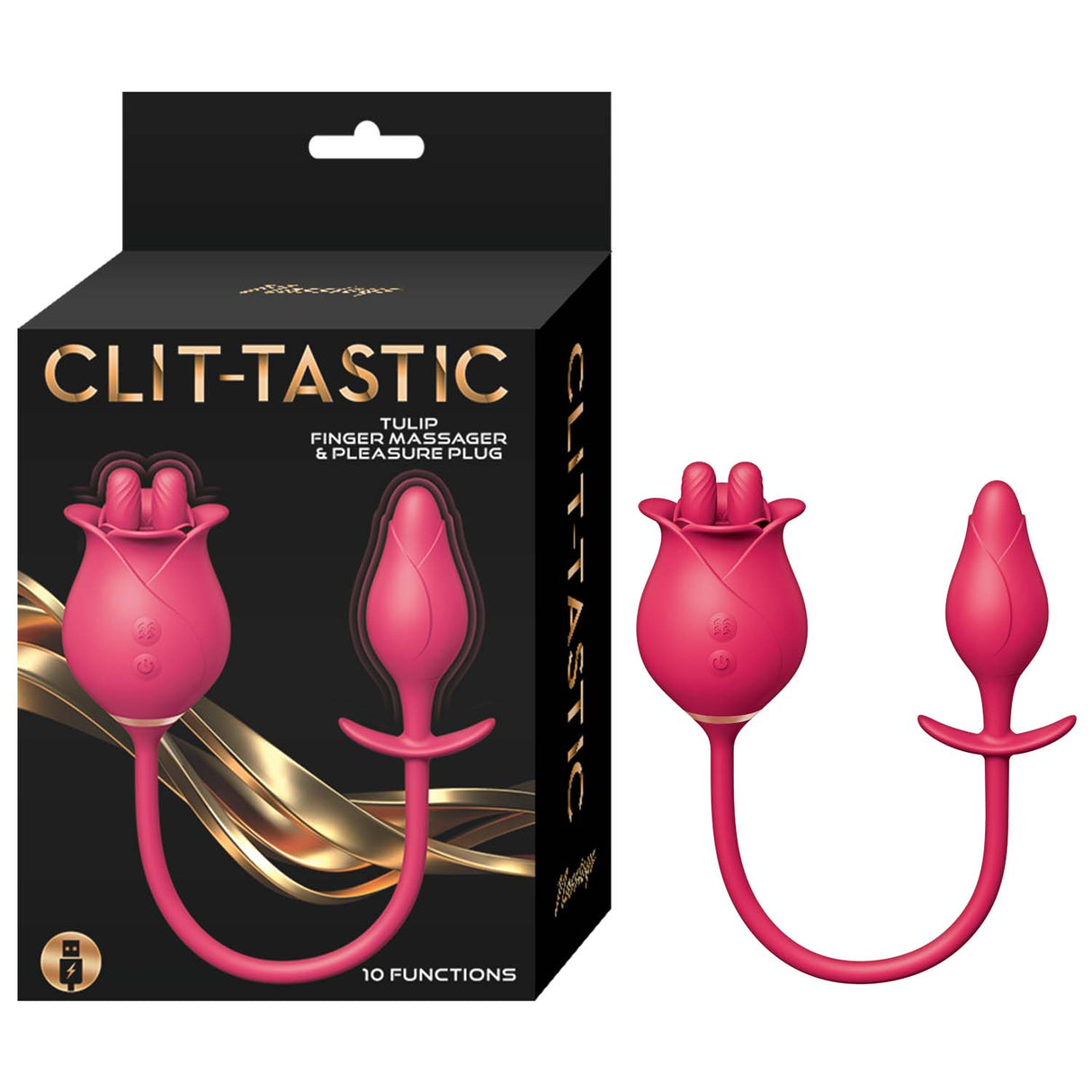 Clit-tastic Tulip Finger Massager & Plug Red showcasing versatile design and 10 functions for dual-action pleasure.
