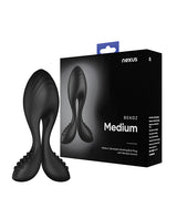 Nexus Bendz Remote Control Butt Plug Medium Black in packaging, featuring flexible arms for personalized fit and vibration.