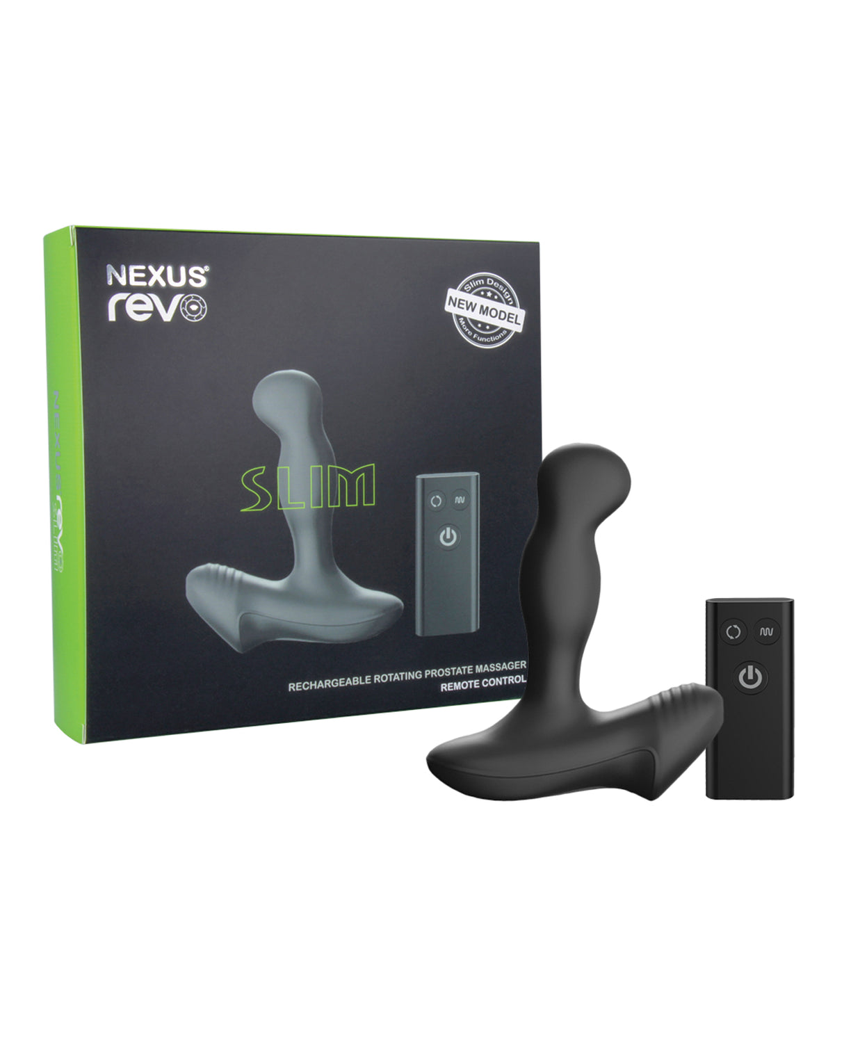 Nexus Revo Slim Rotating Prostate Massager Black with remote control in packaging