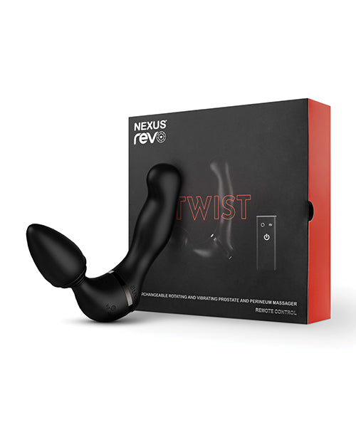 Nexus Revo Twist Rotating & Vibrating Massager Black with packaging showing versatile design for anal and perineum stimulation.