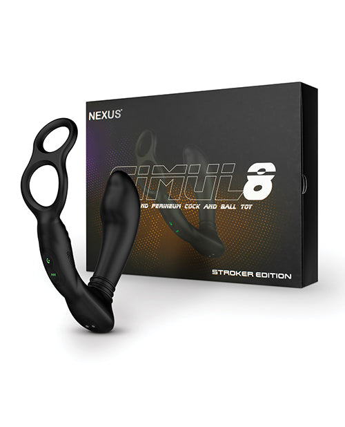 Nexus Simul8 Dual Anal & Perineum Cock & Ball Black packaging and product image.