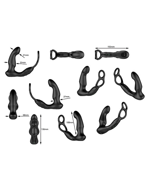 Image showcasing the Nexus Simul8 Wave Dual Cock Ring Prostate Massage Black with various angles and sizes for flexible use.