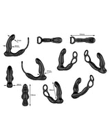 Image showcasing the Nexus Simul8 Wave Dual Cock Ring Prostate Massage Black with various angles and sizes for flexible use.