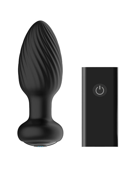 Nexus Tornado Rotating Vibrating Butt Plug Remote Black alongside its remote control.