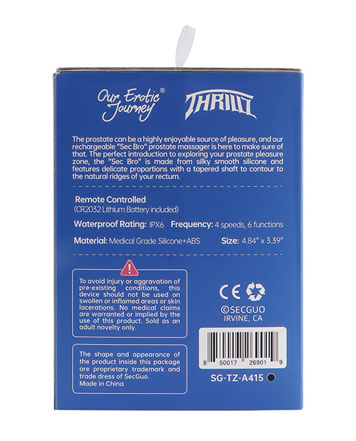 Thrillz Sec Bro Silicone Prostate Massager with Remote product packaging showing features and specifications.