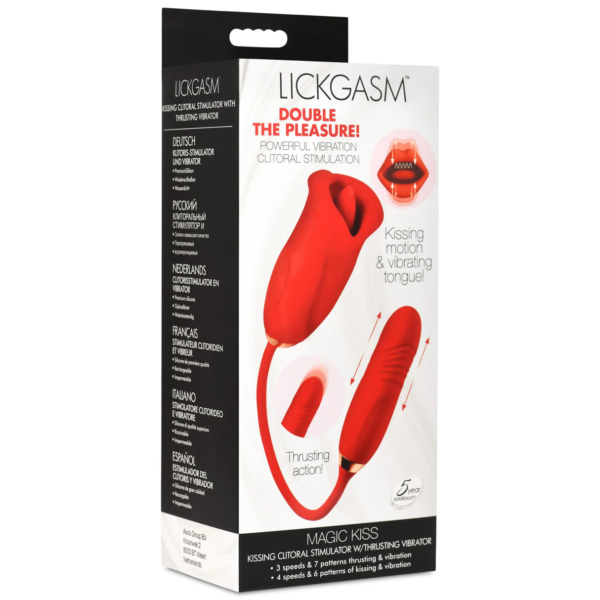 Magic Kiss Clitoral Stimulator Thrusting Vibrator Red packaging showcasing the dual-ended pleasure toy features.