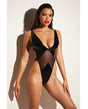 FETISH Limitless High Leg Vinyl Mesh Teddy Black L XL showcased on a model, highlighting its daring design and body-hugging silhouette.