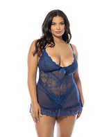 Valentine Lace Babydoll with Bows and G-String Navy 1X/2X model showcasing romantic plus-size lingerie design.