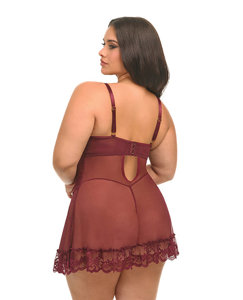 Valentine Lace Babydoll and G-String Zinfandel 1X/2X showcasing a sheer burgundy design with lace details from the back.