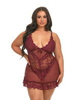 Valentine Lace Babydoll and G-String Zinfandel 3X/4X featuring floral lace and sheer mesh.