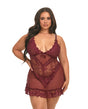 Valentine Lace Babydoll and G-String Zinfandel 3X/4X featuring floral lace and sheer mesh.