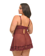 Valentine Lace Babydoll and G-String Zinfandel 3X/4X back view showcasing romantic lace and sheer mesh.