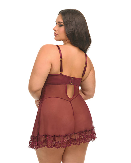 Valentine Lace Babydoll and G-String Zinfandel 3X/4X back view showcasing romantic lace and sheer mesh.
