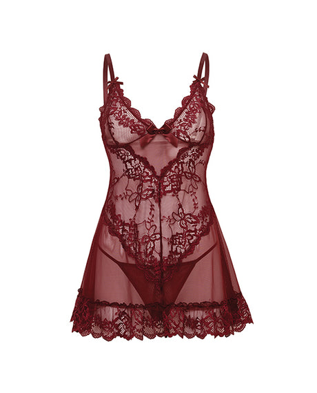 Valentine Lace Babydoll and G-String Zinfandel Large in burgundy lace with soft bodice and flowing silhouette.