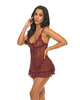 Valentine Lace Babydoll and G-String Zinfandel Small in rich burgundy lace, perfect for romantic occasions.