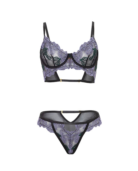 Oh La La Cheri Jenna Embroidered Bra and Panty Set Lavender with floral embroidery and sheer mesh.