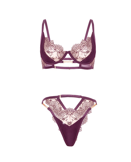 Loretta Embroidered Underwire Bra and Panty Set Burgundy showcasing intricate floral embroidery and sheer mesh details.