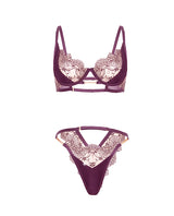 Loretta Floral Embroidered Bra and Panty Set Burgundy Small featuring floral embroidery and satin accents.