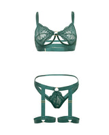 Darlene Underwire Lace Bra and Gartered Panty Set Green S/M featuring lace cups and attached garters.